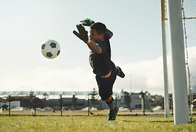 Dog catching soccer ball